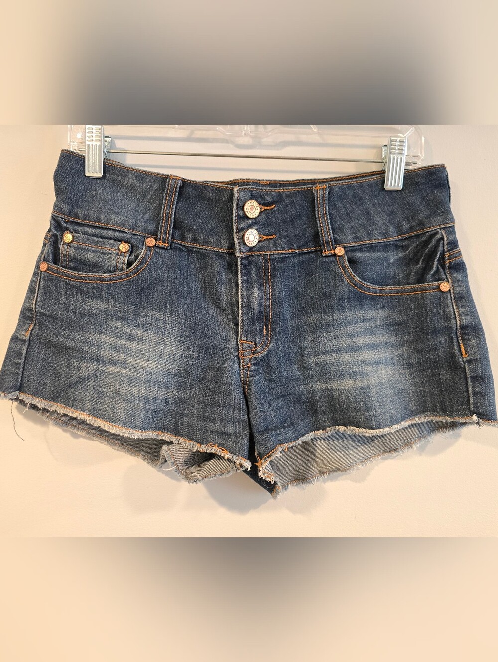 Refuge Dark Blue Low -Rise Frayed Hem Denim Shorts